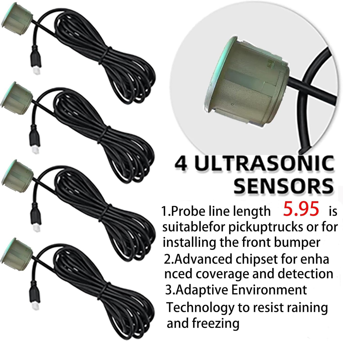 Pickup Truck Backup Radar System - Four 5.95m Sensors for Rear Installation, Compatible with Front Bumper Mounting - Enhance Safety & Visibility（Champagne Gold）