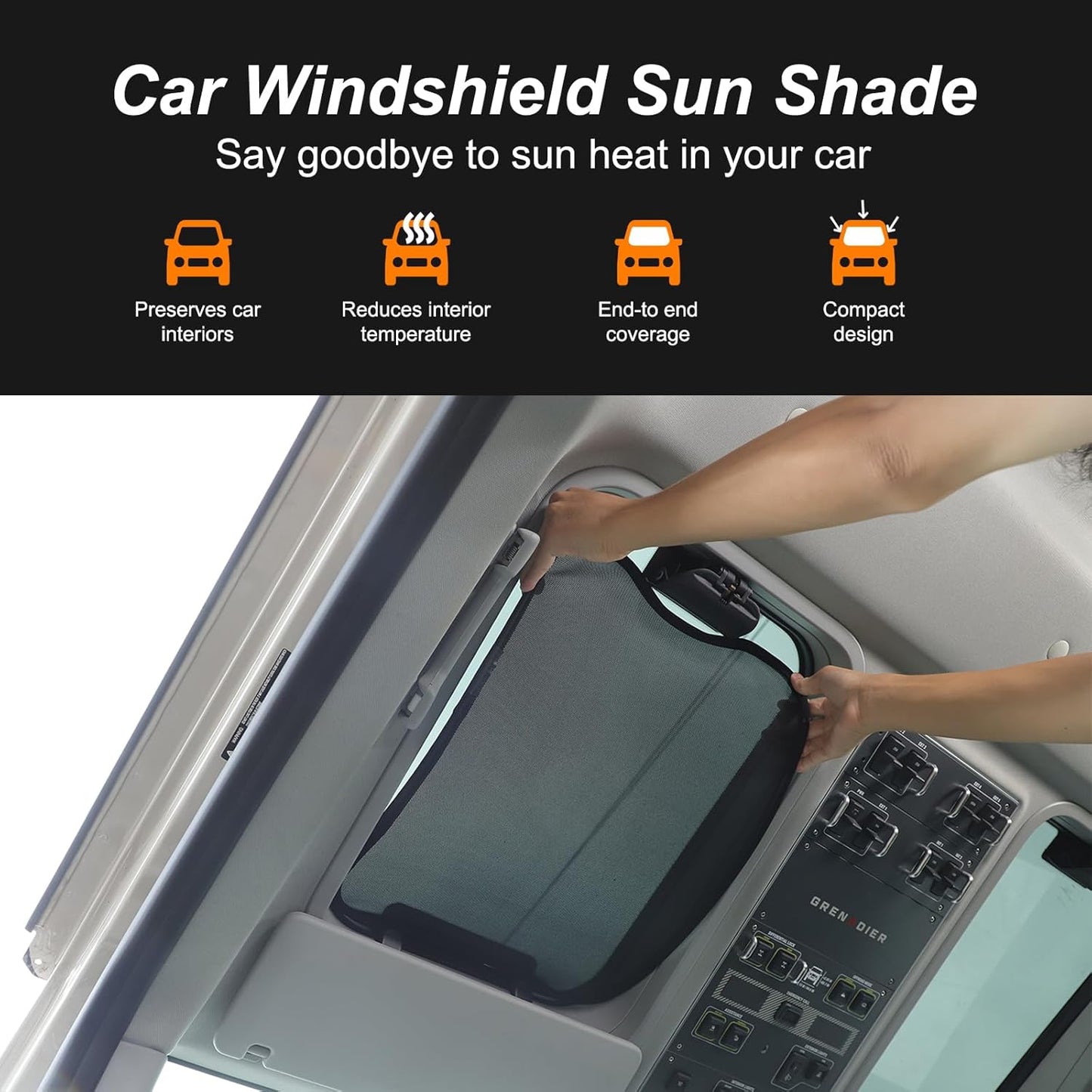 Compatible with INEOS Grenadier 2020-2024 Car Sunroof Sun Shade, Foldable Memory Steel Wire Car Sunroof Sun Shade Breathable Mesh Keep Cool