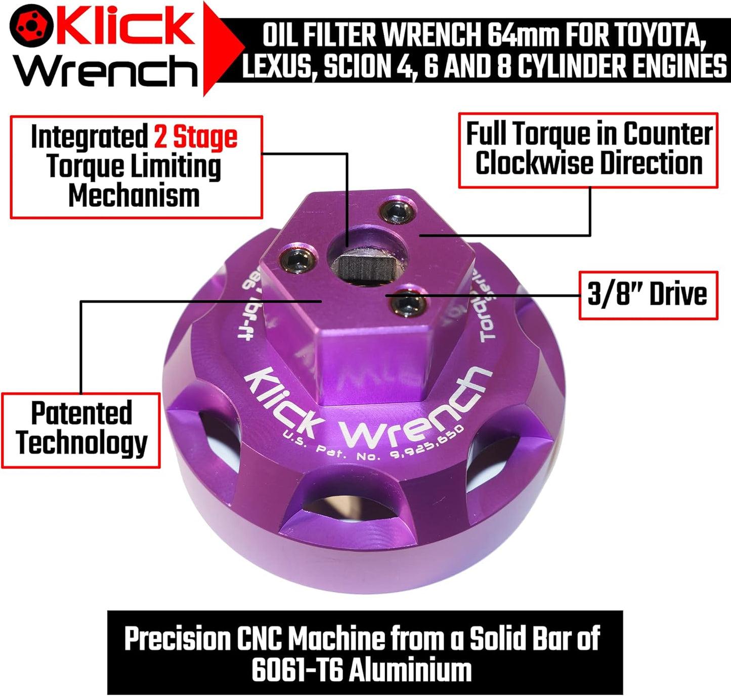 64mm 2 Stage Heavy Duty Torque Limiting Oil Filter Wrench Purple 6061-T6 Billet Aluminum