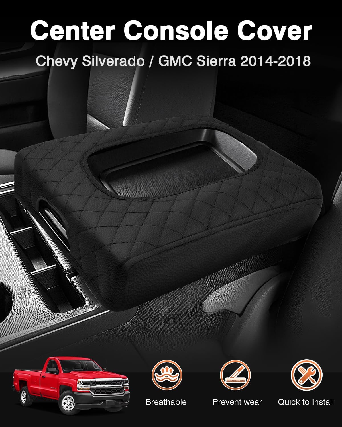 Shademax Center Console Cover Custom for Chevy Silverado & GMC Sierra 2014-2018 Accessories, Silverado Sierra Armrest Cover Jump Seat Console Cushion Pad Leather Console Armrest Lid Protective Cover