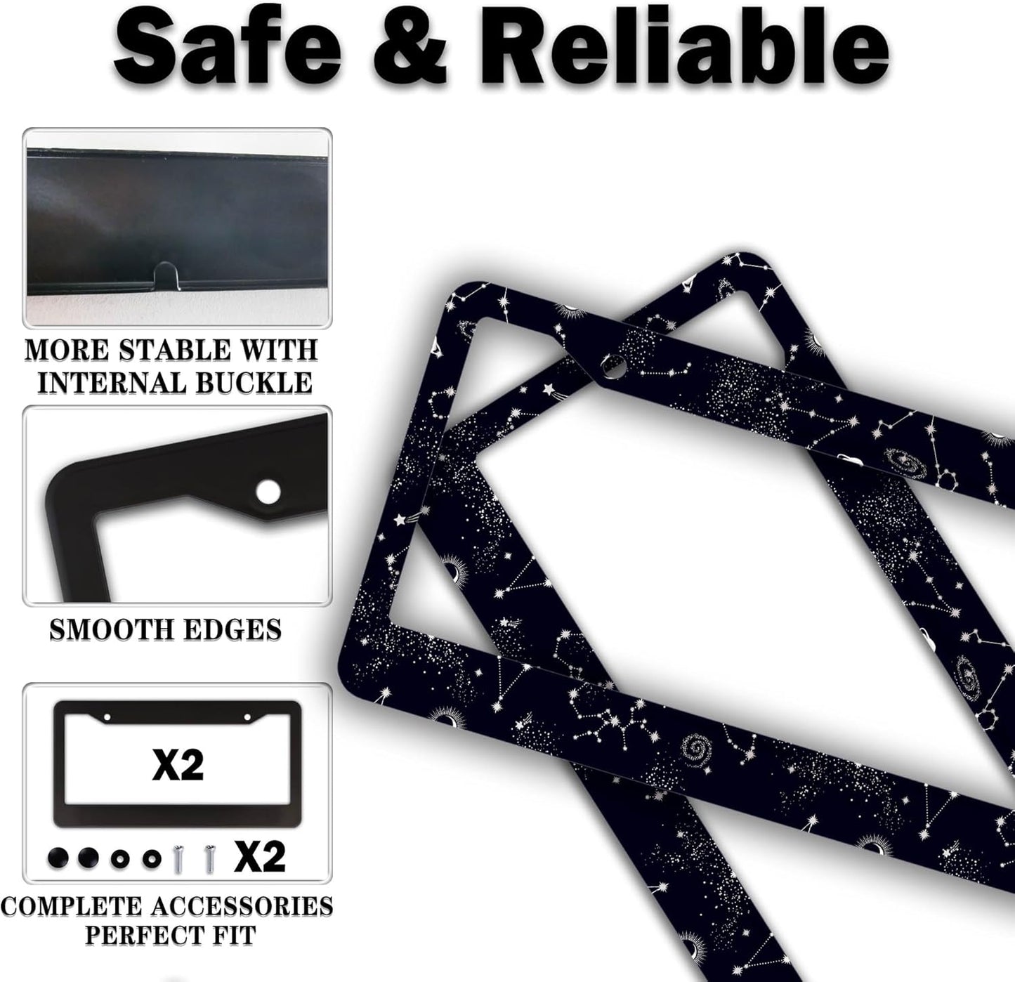 License Plate Frames Black and White License Plate Holder Galaxy Moon and Stars Starry Sky Planets Aluminum Metal Car Accessory 2 Pack with Screw Covers Set