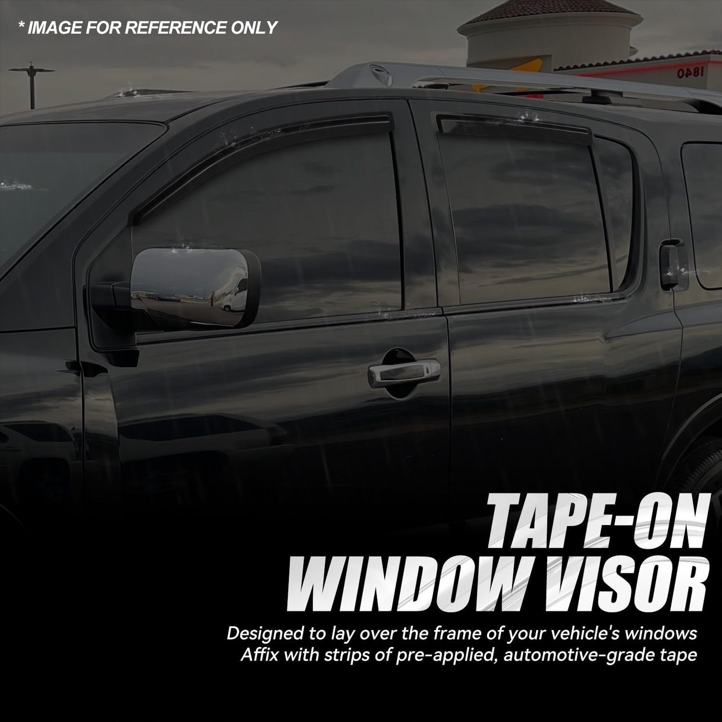 Auto Dynasty 4Pcs Carbon Fiber Pattern Window Visors Compatible with 2004-2015 Nissan Armada Infiniti QX56, Tape-On Front & Rear Window Deflectors Rain Guards Sun Air Side Vent Shade, Glossy Black