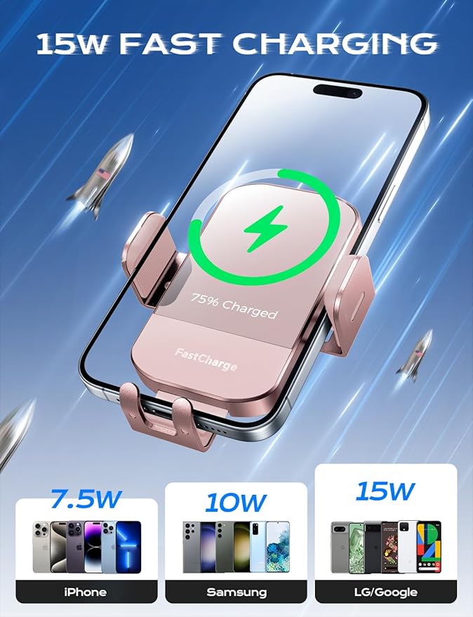 CHGeek Wireless Car Charger, 15W Fast Charging Auto Clamping Car Charger Phone Mount Phone Holder fit for iPhone 15 14 13 12 11 Pro Max Xs, Samsung Galaxy S25 Ultra S24 S23 S22, S21, S20, Pink