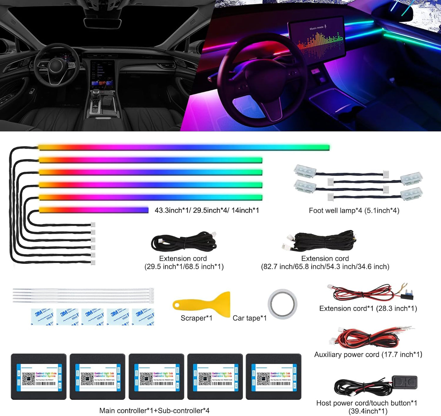 Acrylic Interior Car LED Strip Light with Wireless APP, Dreamcolor RGB 10 in 1 with 175 inches 600 LEDs Fiber Optic Car Ambient Lighting Kits, Dual Zone Sound Active Function LED Strip for Car