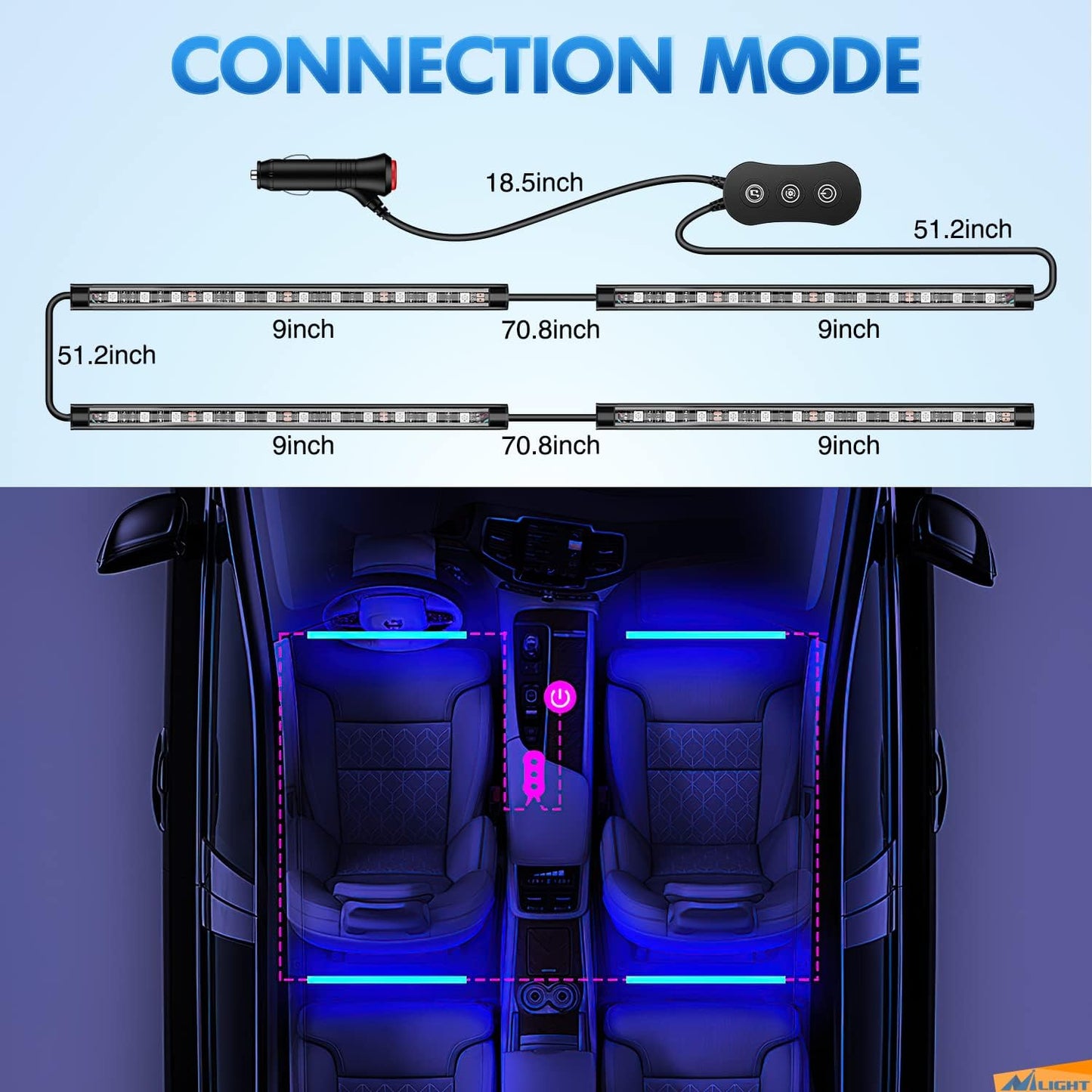 Nilight RGB LED Car Interior Stripe Light with APP Control Multicolor Music Sync Mode Waterproof Car Under-Glow Lighting Lamp Kits Universal Cars Truck ATV UTV