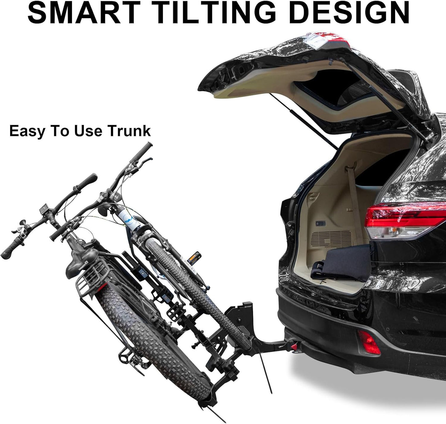 WEIZE 2 E Bike Rack Hitch Mounted, Wobble Free Smart Tilting Folding 2 Bicycle Electric Bike Racks with Lock, 2" Hitch Fits Up to 160 lbs Capacity with Up to 5.5" Fat Tires for Car, SUV, Trucks