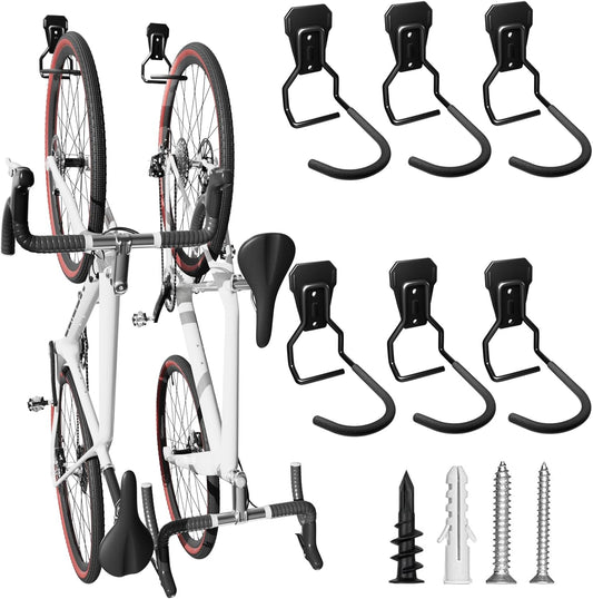 Wall Mount Bike Hooks Bike Hooks for Garage Vertical Bike Hanger for Indoor Use Heavy Duty with 8mm Thick Steel Frame 6PCS Storage System Black