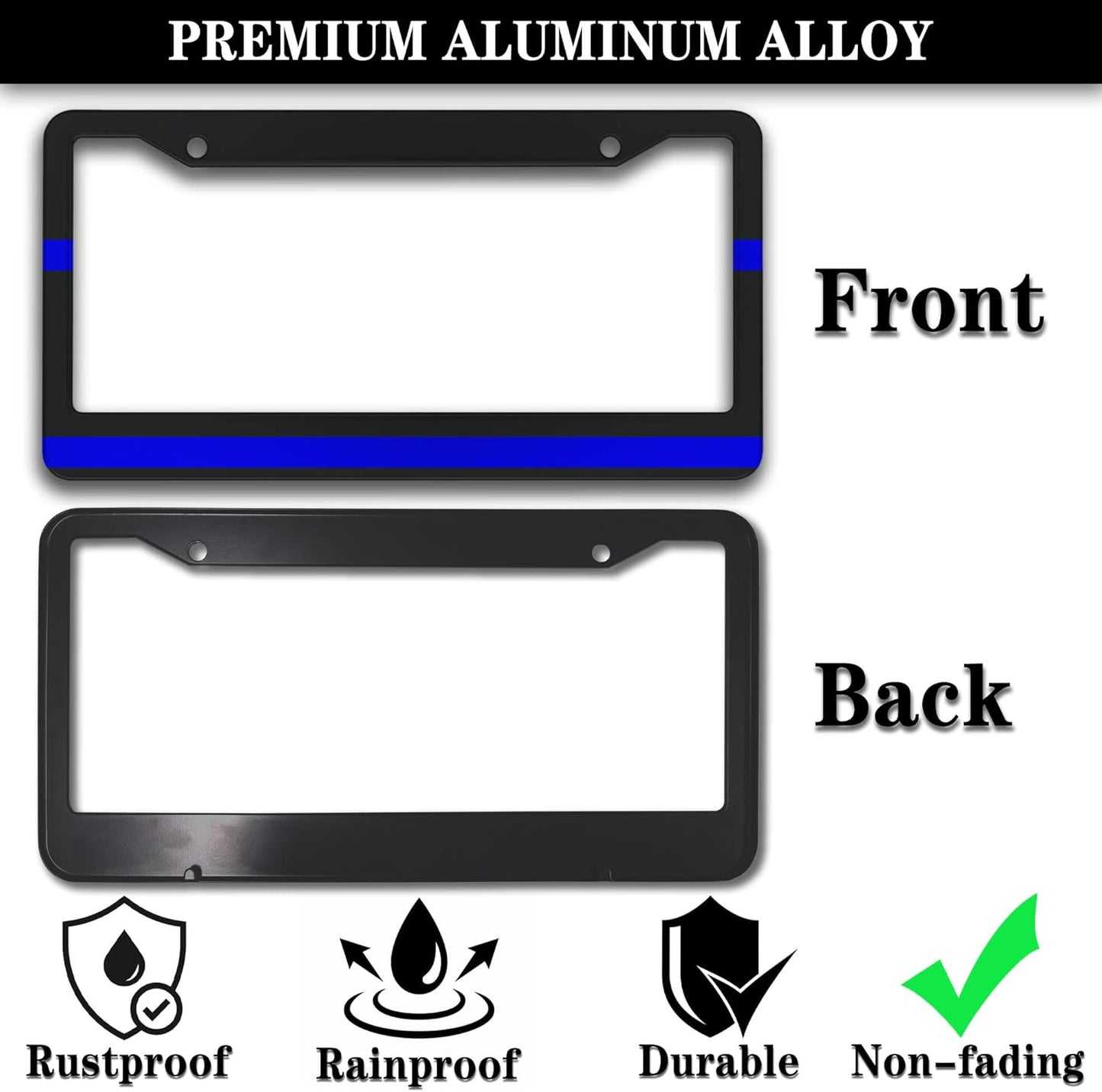 License Plate Frames for Women Blue Black Automotive Exterior Accessories for Men Blue Line Aluminum Metal Car Accessory 2 Pack with Screw Covers Set