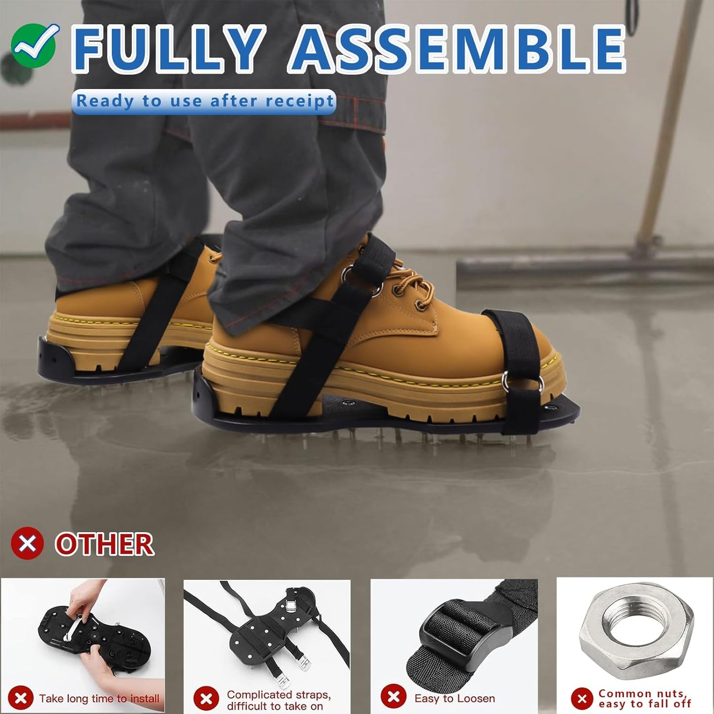 Epoxy Shoes, Fully Assembled Gunite Spiked Shoes with 3/4" Short Spikes for Epoxy Floor Coating, Self-Leveling Floor, Epoxy Garage Floors, Overlays, Cover Installation