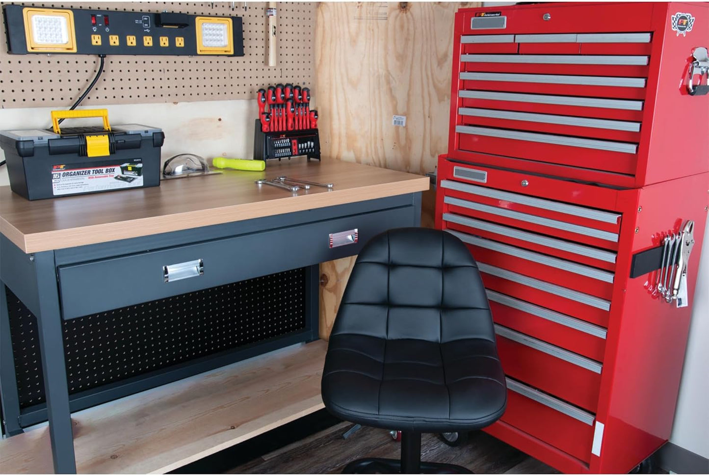 Performance Tool W85031 Pneumatic High Back Adjustable Swivel Bar Stool with Back Support for Home, Bar, and Shop, Black, 26-32-Inches High