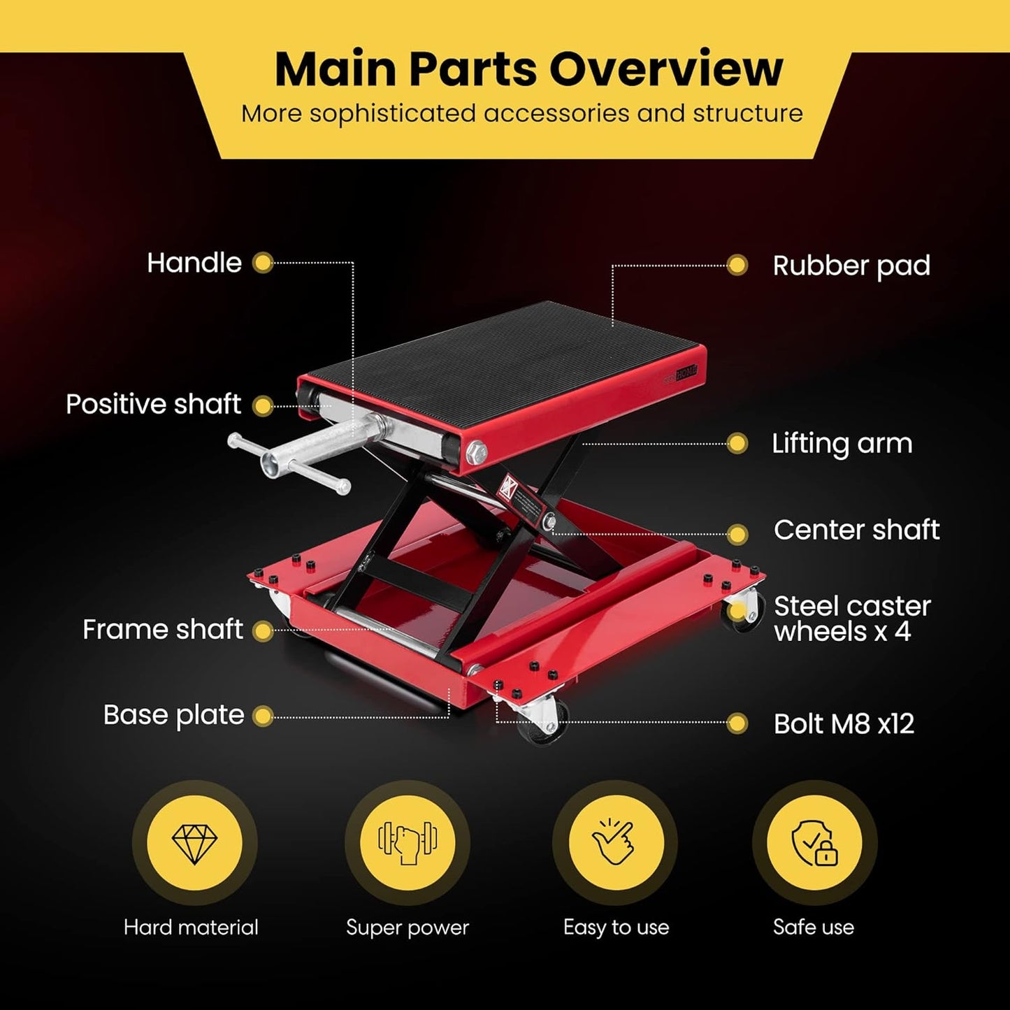 VIVOHOME 1100 Lbs Steel Wide Deck Motorcycle Lift ATV Scissor Lift Jack with Dolly and Hand Crank Bikes Garage Repair Hoist Stand Red
