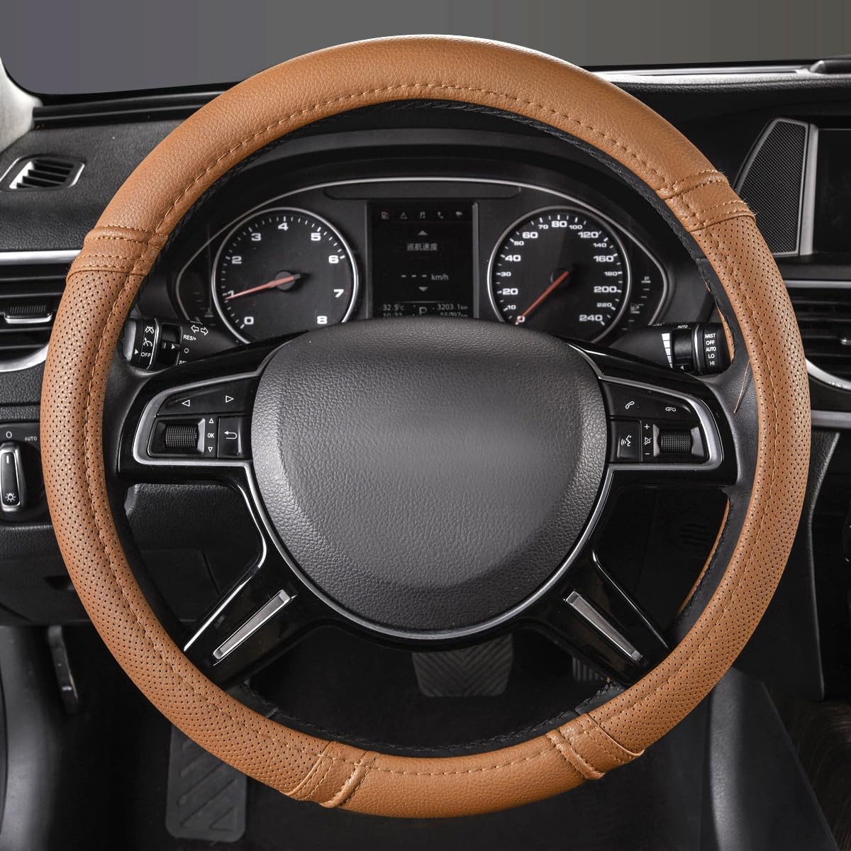 Car Pass Classical Leather Automotive Universal Steering Wheel Covers,Universal Fit for Suvs,Trucks,Sedans,Cars,Vans,14.5-15inch Anti-Slip Safety Comfortable Desgin(Brown)