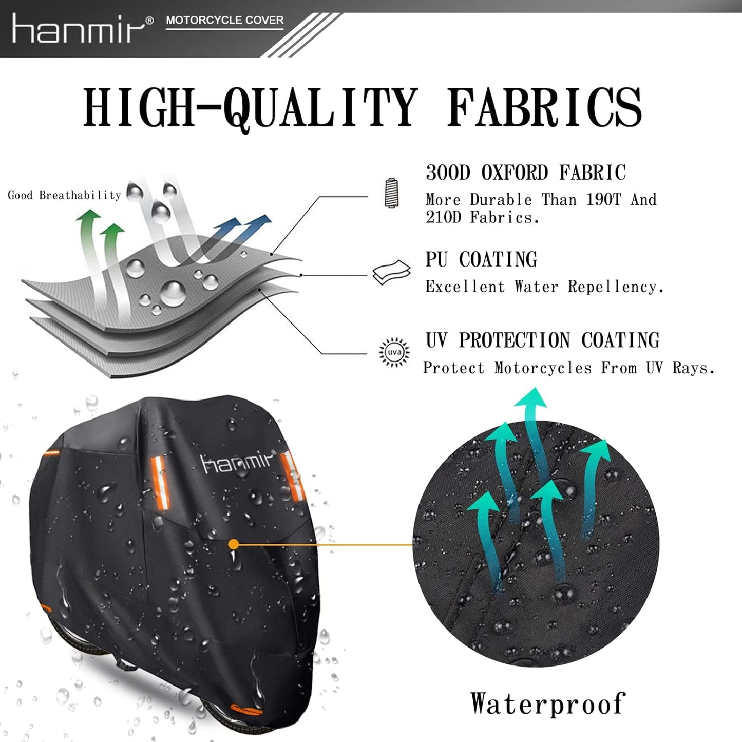 Motorcycle Cover,Motorbike Cover All Season Universal Weather Waterproof Outdoor UV Protection with 4 Reflective Strips & Storage Bag,XXXL Motorcycles Vehicle Cover