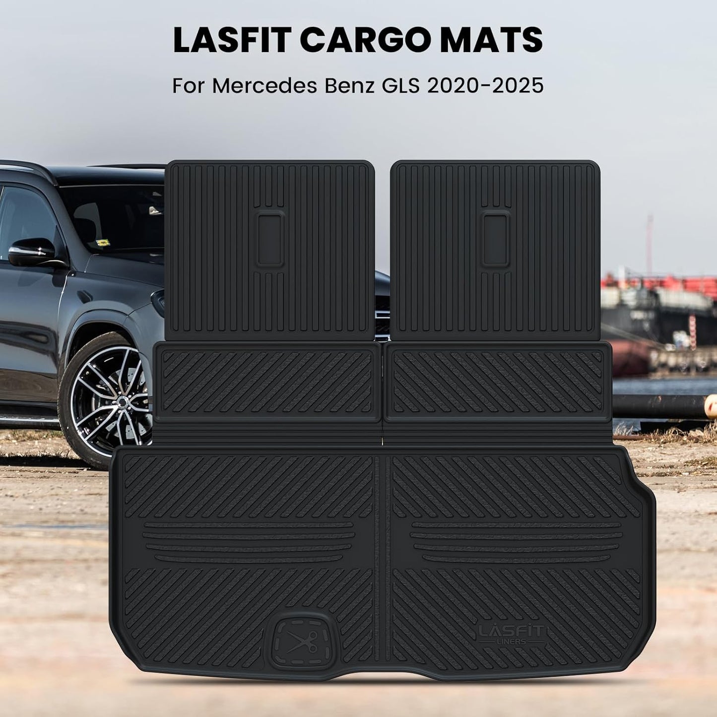 LASFIT Cargo Mat & Backrest Mat for Mercedes Benz GLS 450/580 / 63 AMG 2026 2025 2024 2023 2022 2021 2020, All Weather TPE Waterproof Cargo Liner Custom Fit GLS 2020-2026 Trunk Mat with Seatback
