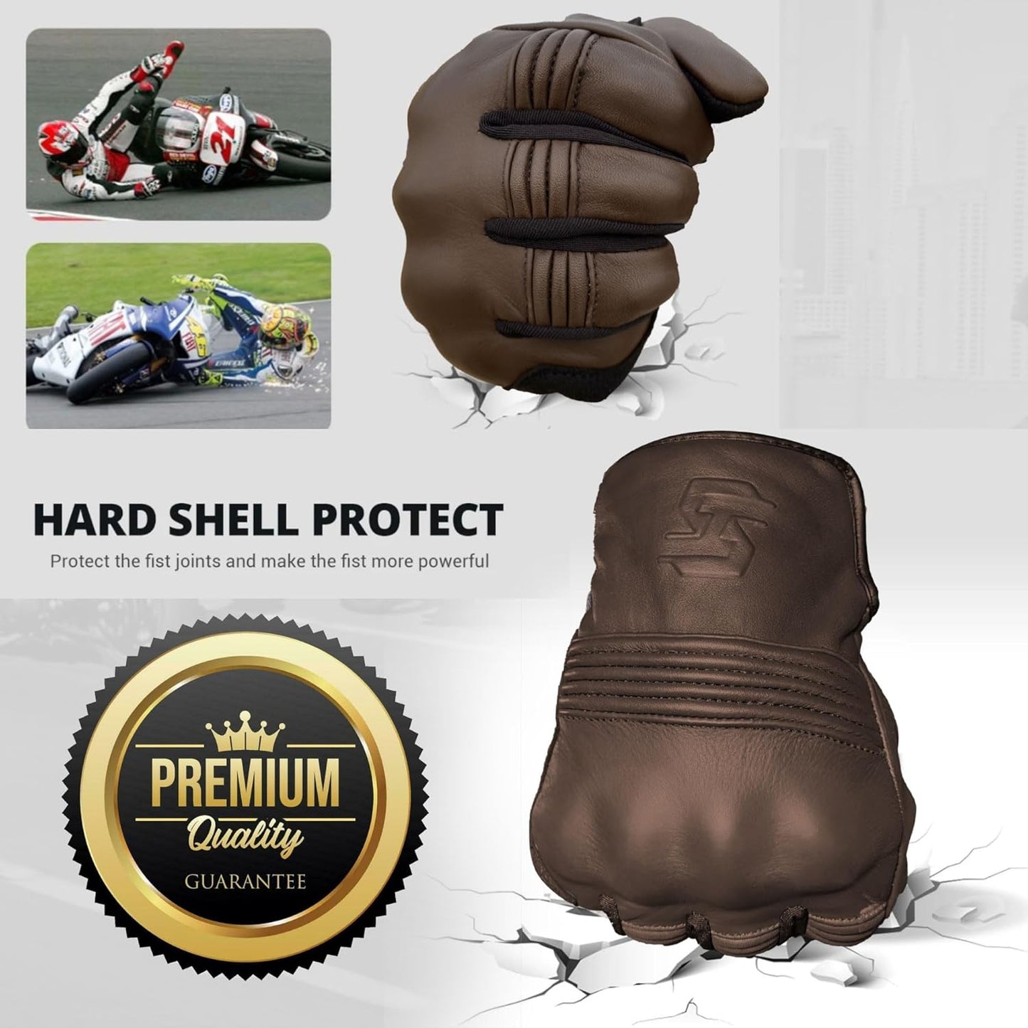 Leather Motorcycle Gloves for Men and Women | Touchscreen | Full Finger | Goatskin Leather Hard Knuckle Motorcycle Riding Gloves (Classic Brown, Large)