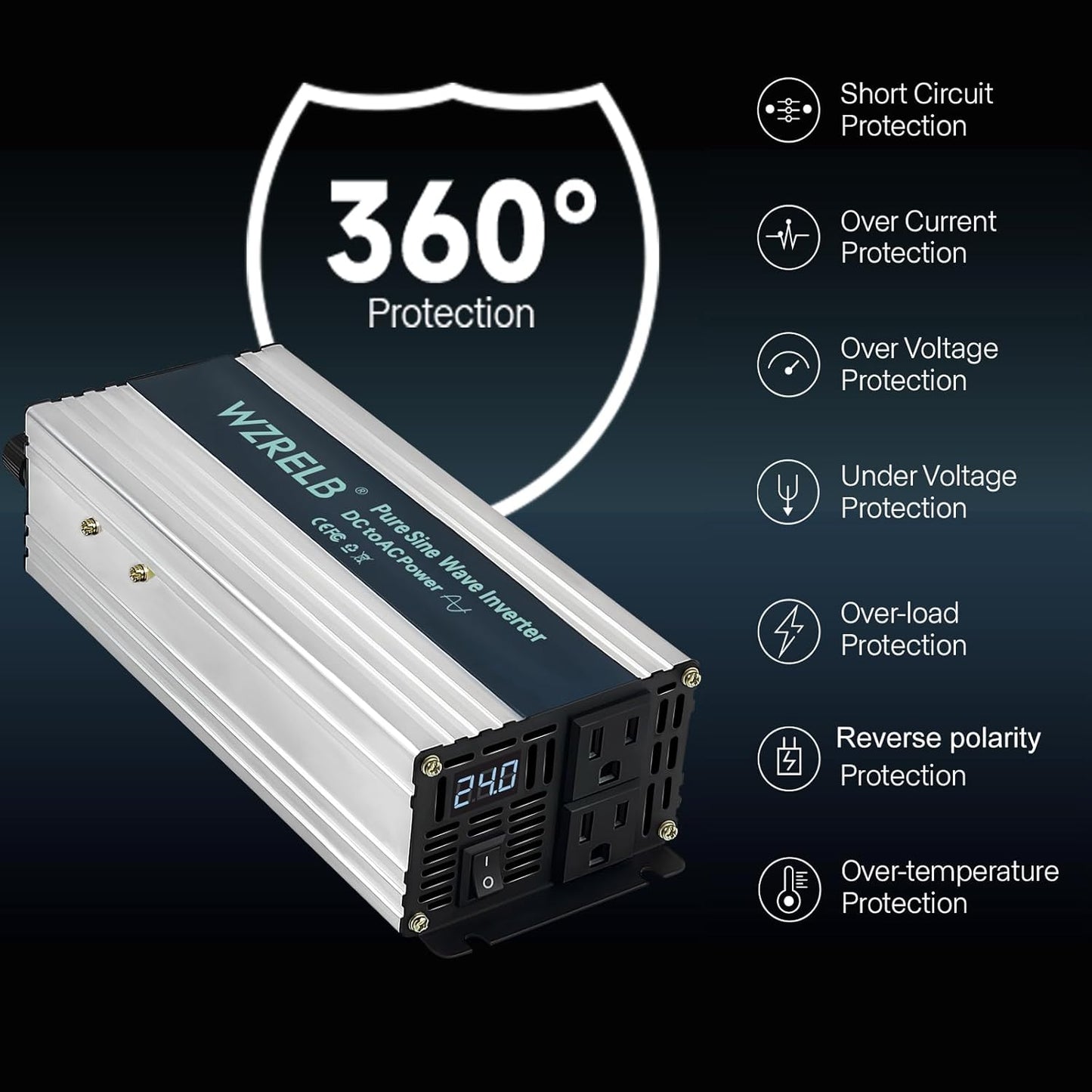 WZRELB 800W Pure Sine Wave Inverter 24V DC to 110V 120V AC Power Converter with LED Display, Off-Grid Portable Power Inverter with 2 AC Outlets for Home, RV, Truck, Camping