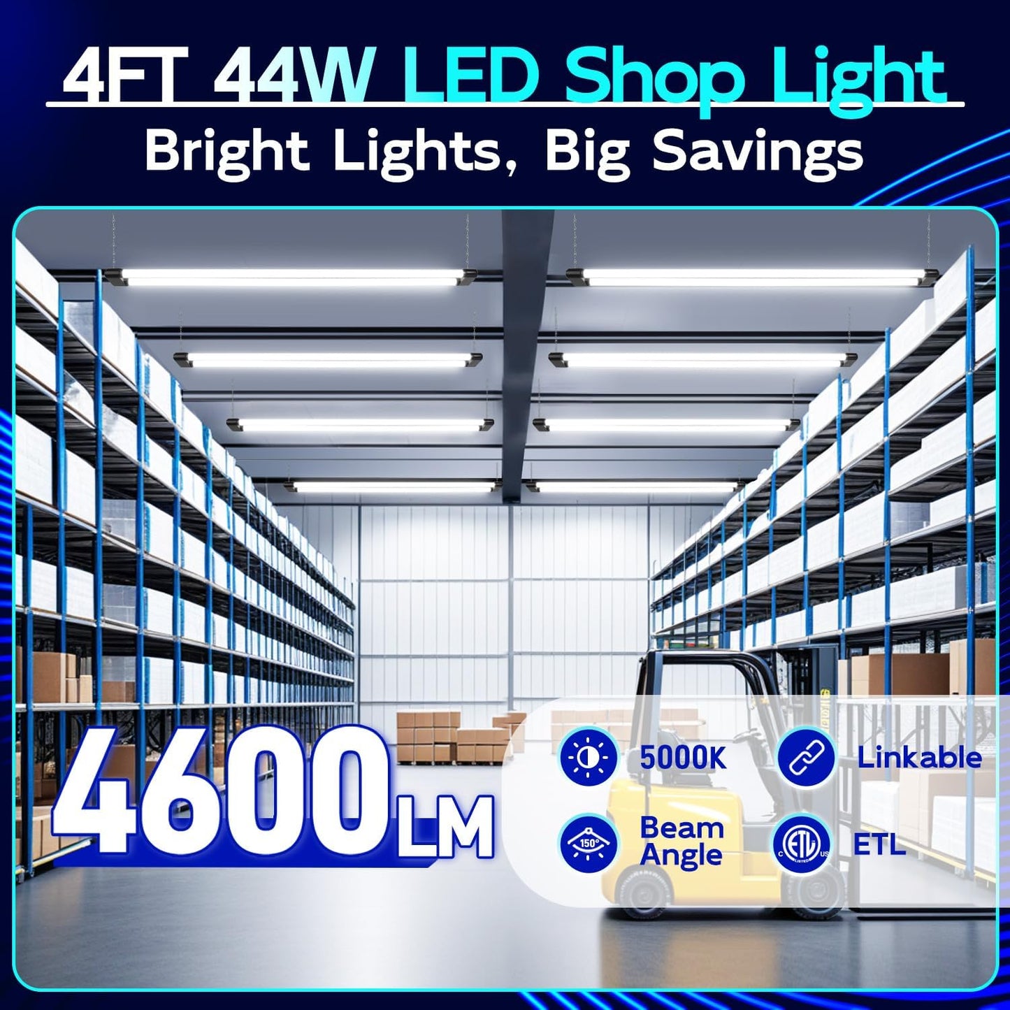 hykolity 4 Pack Linkable LED Shop Light, 4FT 44W [300W Equivalent], 4600lm, 5000K Daylight, Plug-in Utility Bay Light Fixture, Hanging or Surface Mount, Black - Energy Efficient Lighting Solution