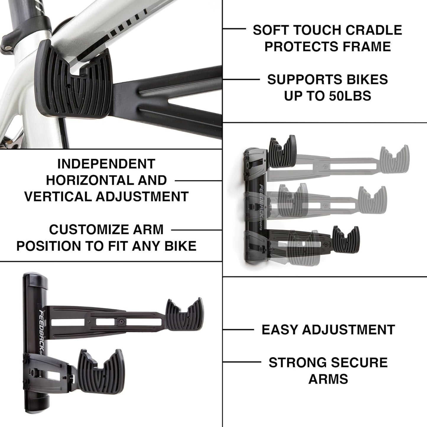 FEEDBACK SPORTS | Velo Wall Rack 2D Bike Storage | Bicycle Hangar Mount W/Adjustable Arms | Road, Gravel, Mountain Bike Compatible | For Garage, Apartment, Shed | Black