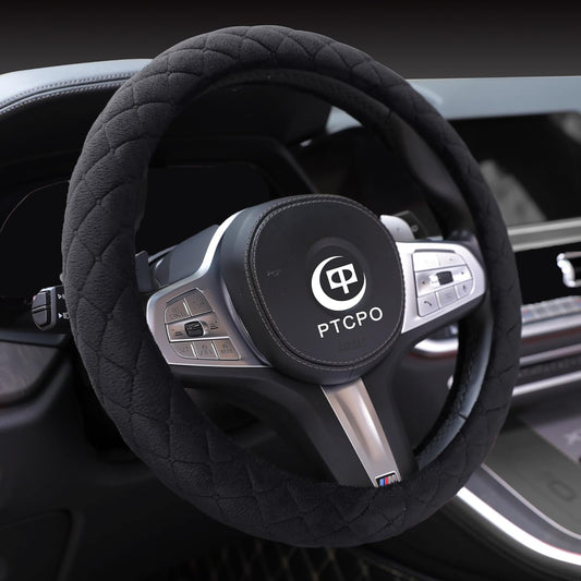 Soft Car Steering Wheel Cover for Sedan, SUV, Warm Luxury Velvet, Odorless, Universal, Anti Slip, Summer Winter, Black, Large Size[15" 1/2-16"](39-41cm)