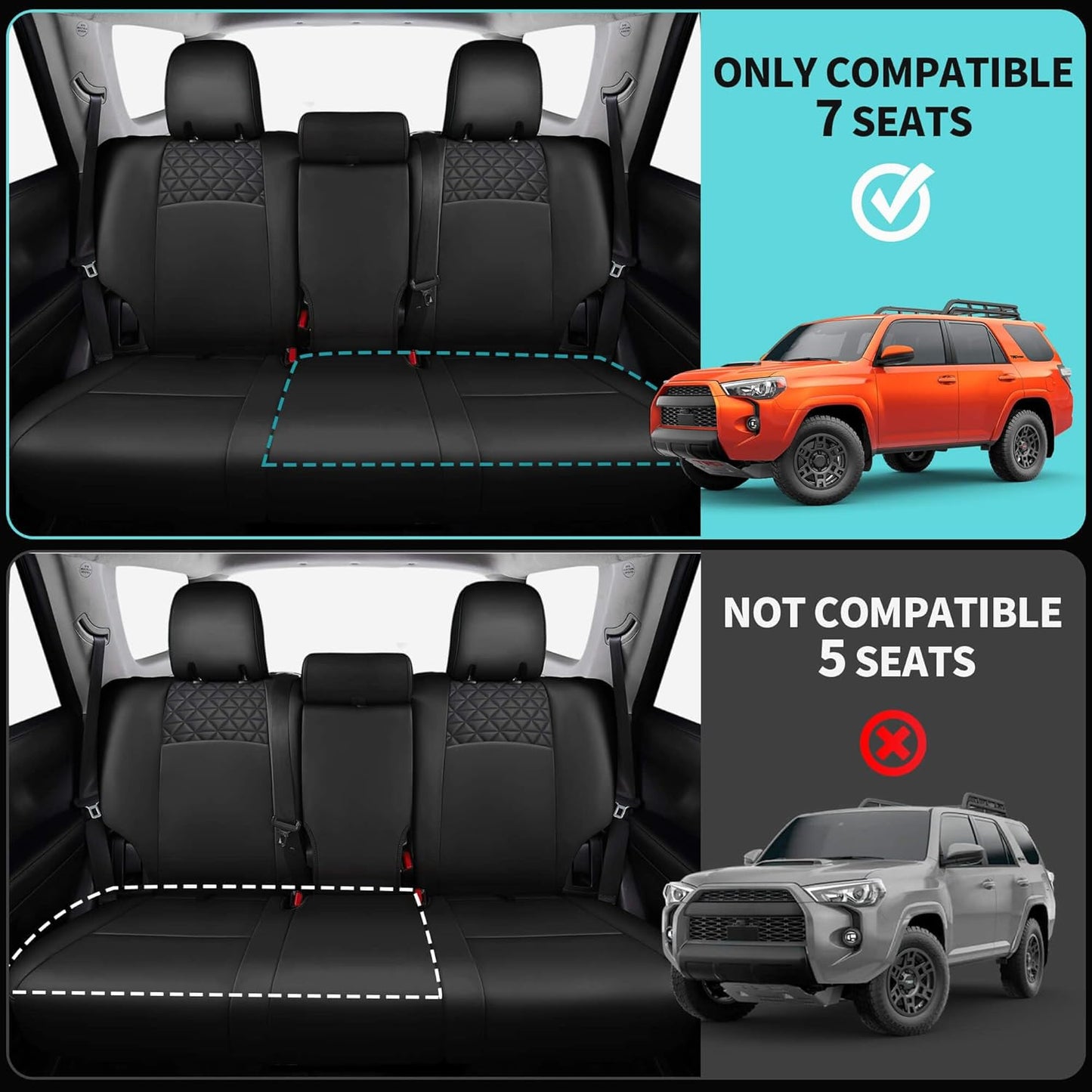 Seat Covers for Toyota 4Runner 2011-2024, Faux Leather Car Seat Cover Full Set, 3-Row-Only for 7 Seats Version-Black
