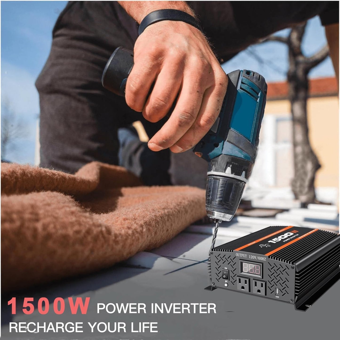 1500 Watt car Power Inverter 12V to 110V/120V for RV car Truck semi Truck Vehicles Camping with LCD Display 1500W