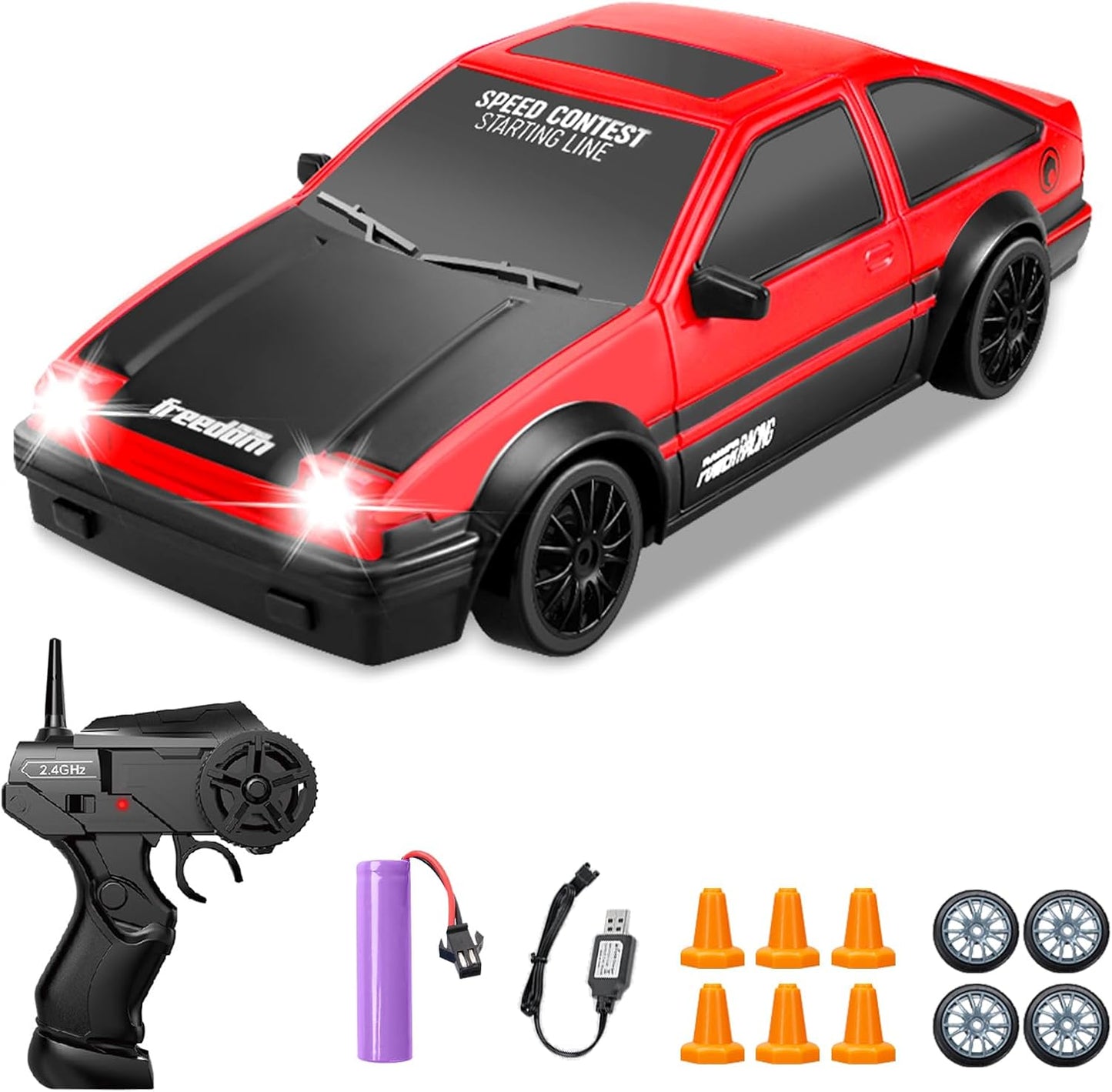 RC Drift Car, 1:24 Remote Control Cars 2.4GHz 4WD High Speed Drift RC Cars with LED Light and Dritfing Tires Racing Hobby Toy Car for Boys Girls Kids Adults (Red)