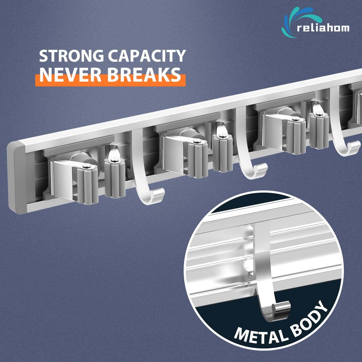 2 Pack Broom Holder Wall Mount Mop and Broom Hanger Wall Mounted Garage Storage Rack Kitchen Garden Tool Organizer (5 Racks with 4 Hooks, Silver)