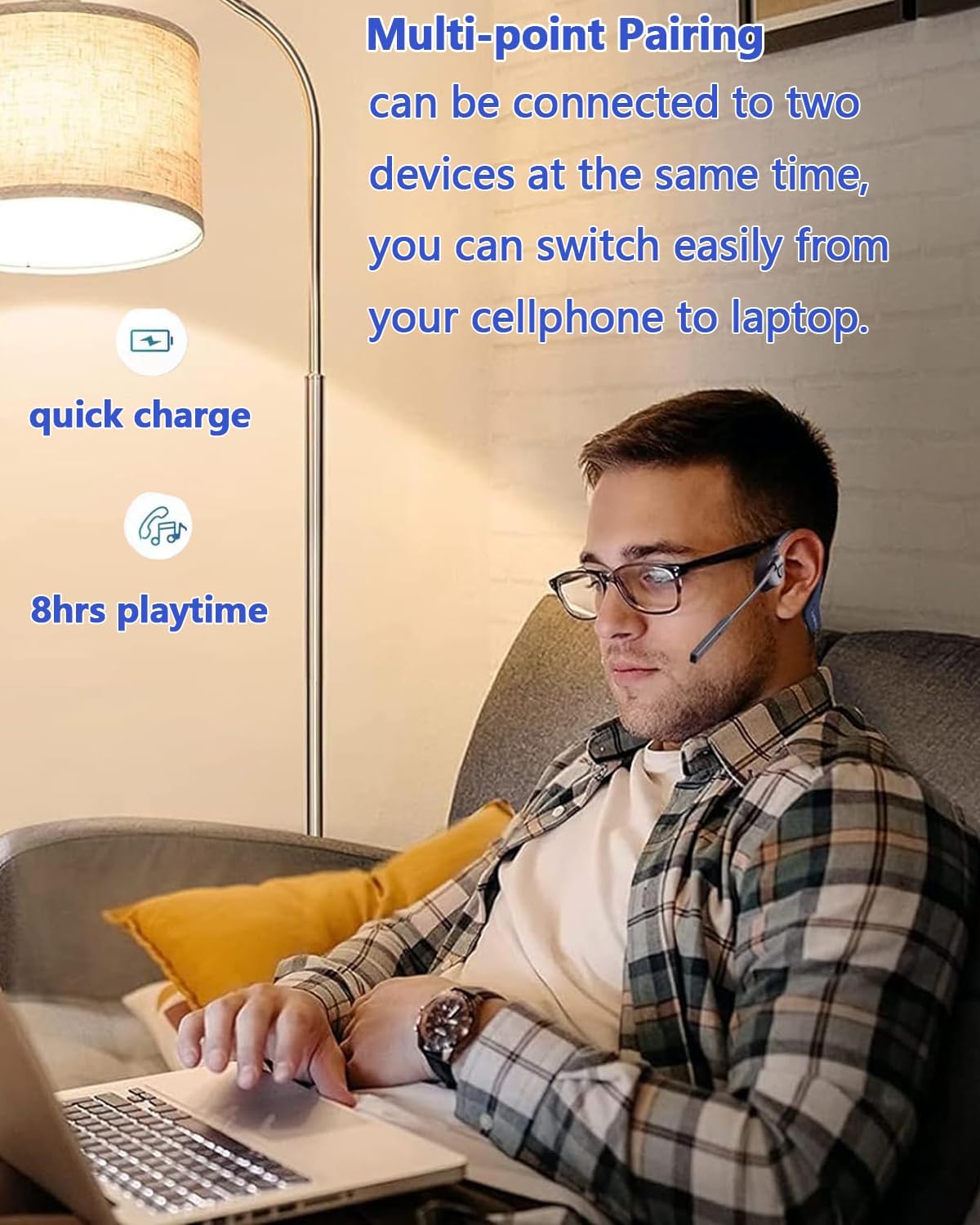 Bluetooth Headphones with Mic Open Ear Headphones Bluetooth 5.2 Headset with Dual CVC8.0 and ENC Noise-canceling Microphones Bone Conduction Headphones Computer Earphones, 8Hrs Battery