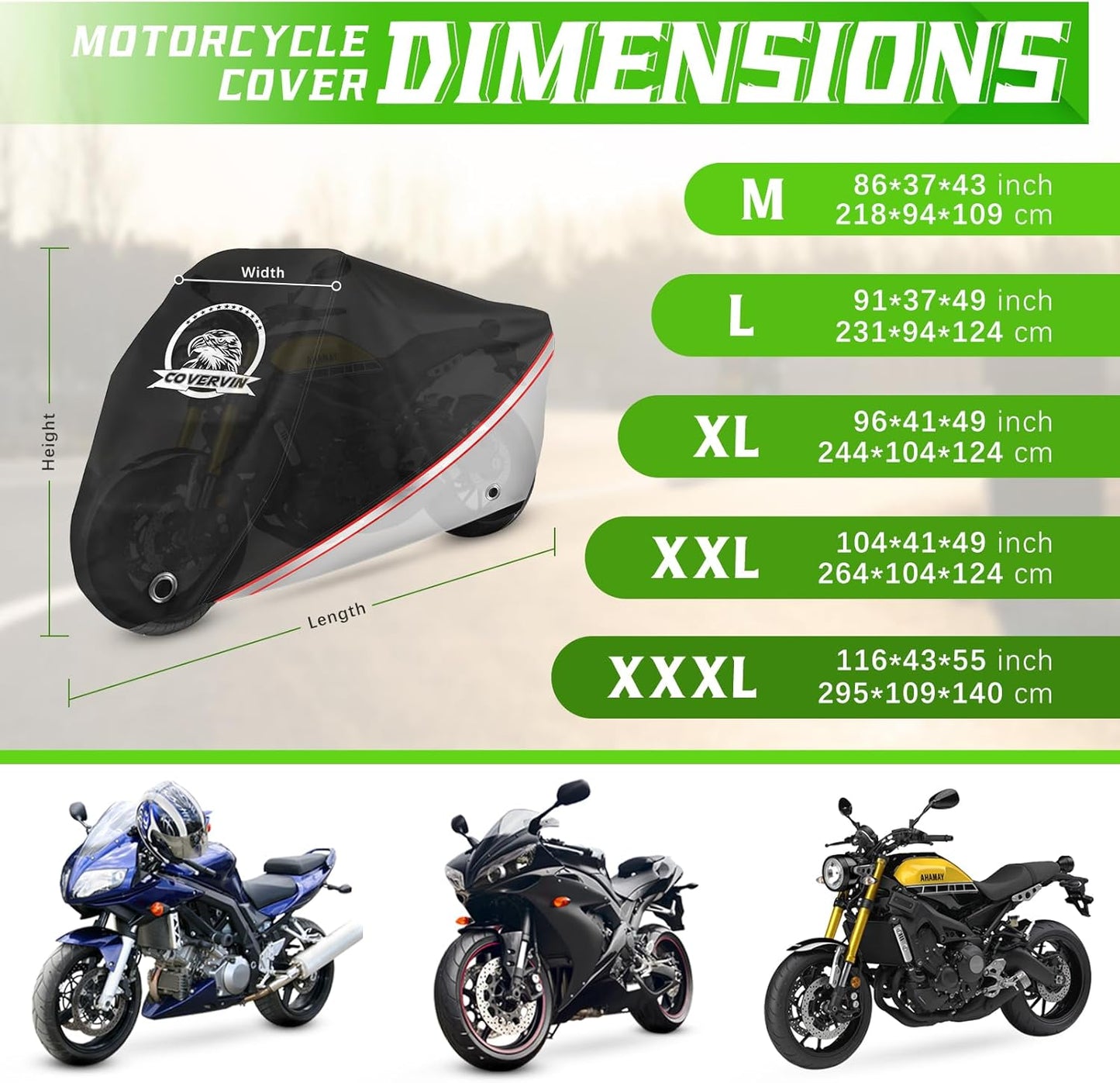 COVERVIN Motorcycle Cover, All Weather Outdoor Waterproof Night Protection with Reflective Strips, Locking Holes and Storage Bag for 91 Inch Suzuki, Kawasaki, Honda, Harley-Davidson(Silver L)