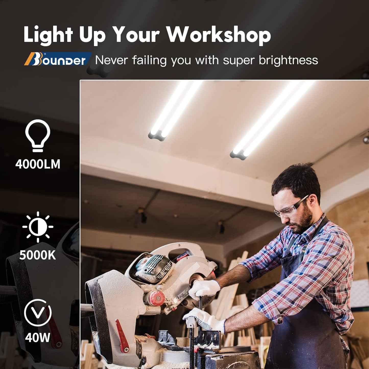 Bbounder 10 Pack Linkable LED Utility Shop Light, 4 FT Integrated Fixture for Garage, 40W Equivalent 250W, 5000K Daylight, Surface + Suspension Mount, Florescent Light Fixture Replacement, Black