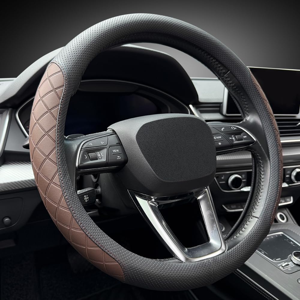 LKWLIKEI Nappa Leather Steering Wheel Cover,Elegant Diamond Checkered Design, Non-Slip wear-Resistant, Enhance Driving Comfort, Suitable for Steering Wheel Diameter 14 1/2‘-15’ Models.Black Brown