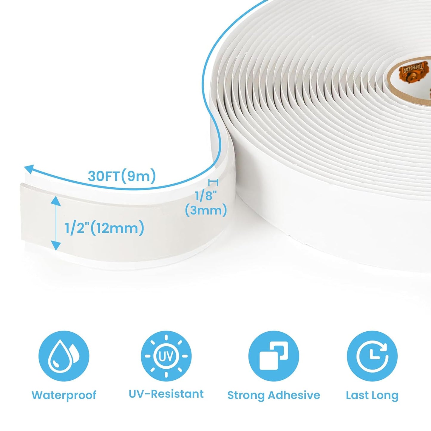 Butyl Tape White 1/2" x 30' x 1/8" RV Tape Sealant Waterproof, White Butyl Caulking Tape, Stretchable Butyl Sealant Tape Headlight Sealant Putty Tape EPDM Auto RV Window Sealant, 3Rolls