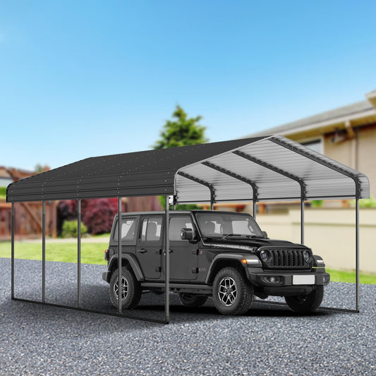 12x20 FT Metal Carport, Heavy Duty Car Port Canopy with Galvanized Steel Roof & Frame, Large Metal Carport Kit, Outdoor Car Garage, Steel Car Shelter for Car, Boat, Truck, Black