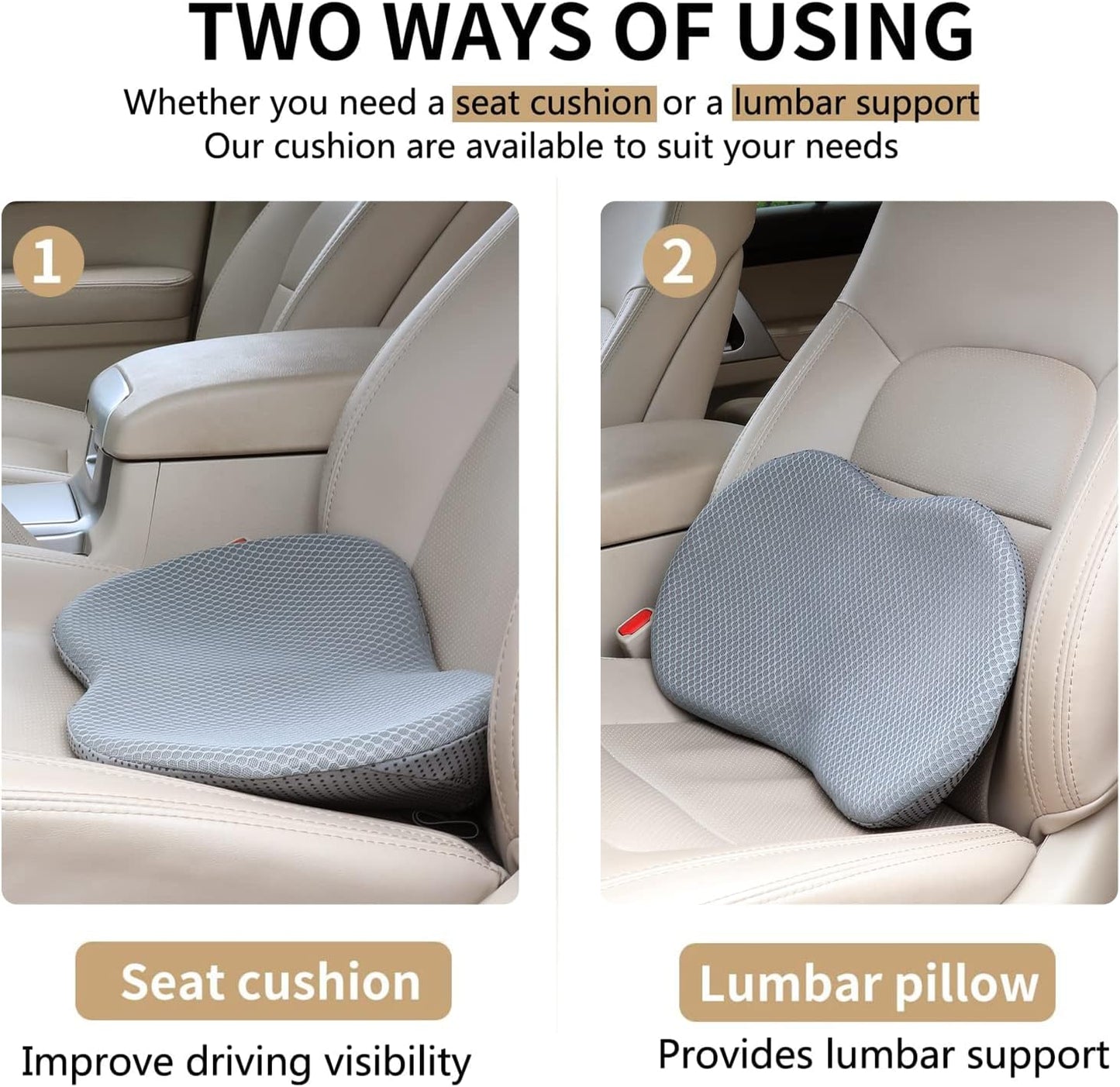 Car Seat Cushion - Memory Foam Car Seat Pad - Sciatica & Lower Back Pain Relief - Car Seat Cushions for Driving - Road Trip Essentials for Drivers(Gray)