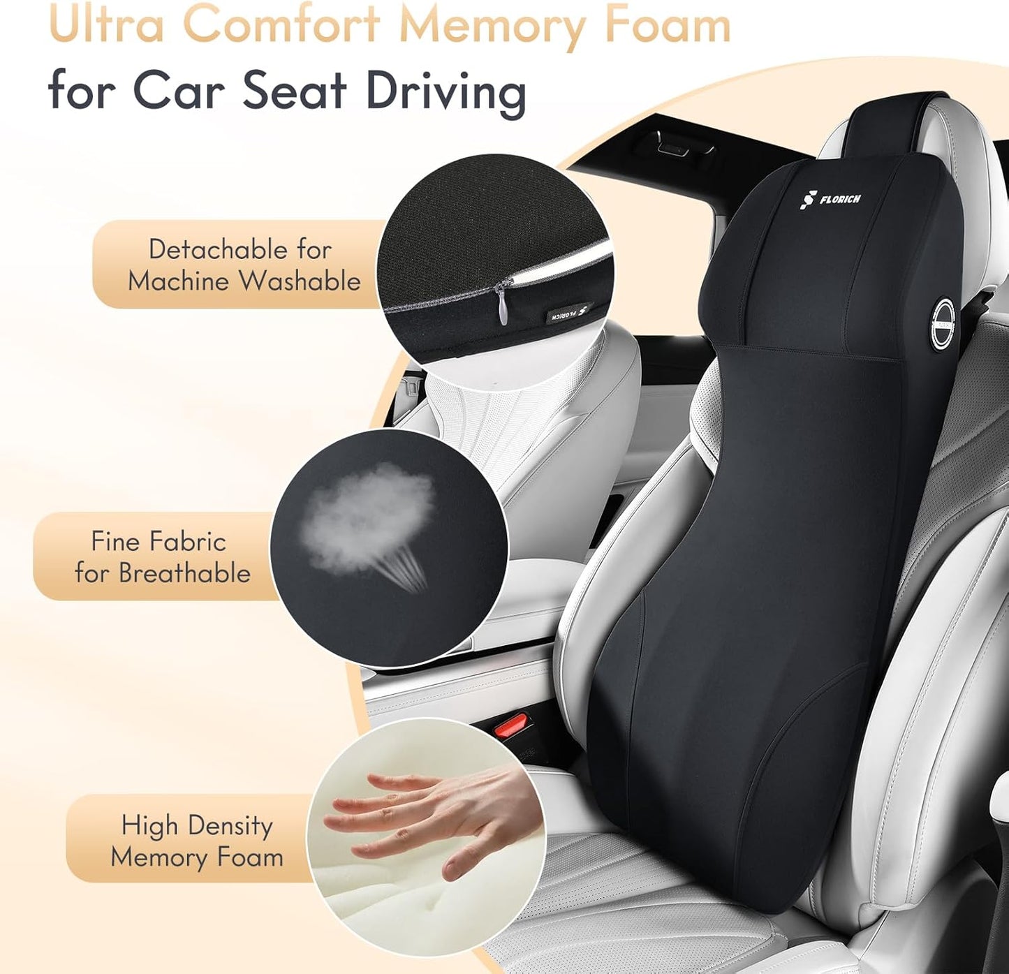 FLORICH Lumbar Support with Car Headrest Pillow 2-in-1 Memory Foam Car Seat Headrest & Lumbar Cushion Ergonomic Back Support Pillow Seat Cushion for Car Seat Driving Neck Back Pain Relief, Black
