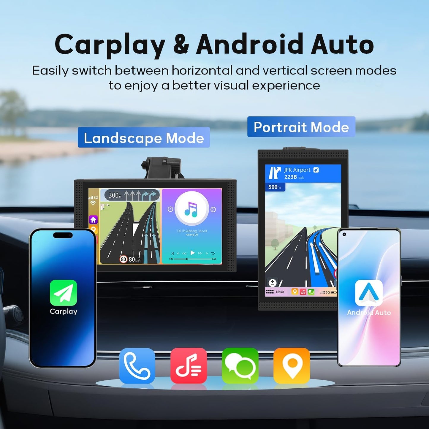 Wireless Apple Carplay Screen for Car Android Auto, 7" HD Touch Screen Car Stereo with Mirror Link, Bluetooth 5.2, Backup Camera, AUX,FM Transmitter for All Vehicle