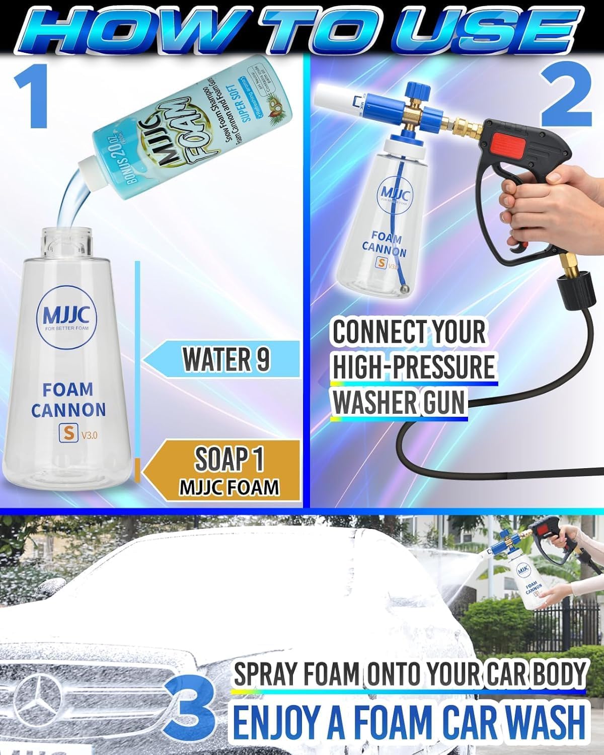 MJJC Foam Cannon S V3.0 (Thicker Snow Foam Technology) with 1/4 Inch Quick Connector for Pressure Washer, 34 oz Bottle (V3.0 (1/4" Quick Connector) + SOAP Sample)