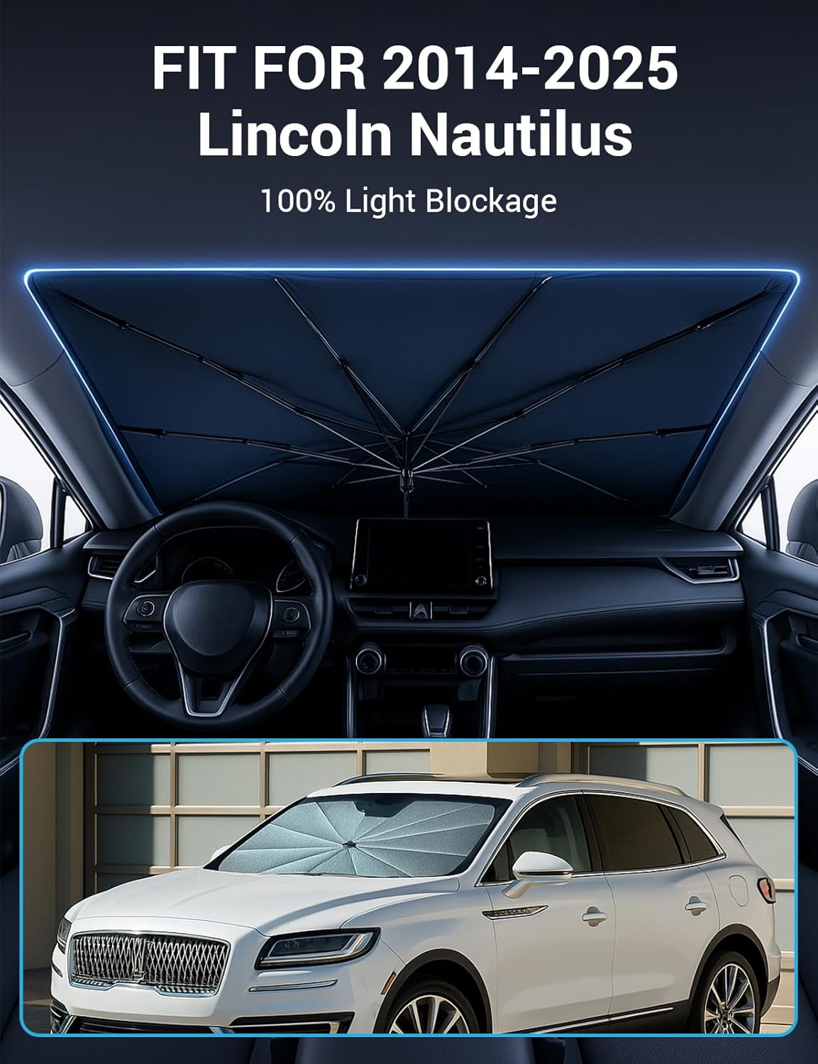 Proadsy Windshield Sun Shade Umbrella for Lincoln Nautilus 2014-2025 Foldable Car Umbrella Sunshade with Soft TPU Handle Spring Structure Crystal Cooling Material Protect Car from Rays & Heat