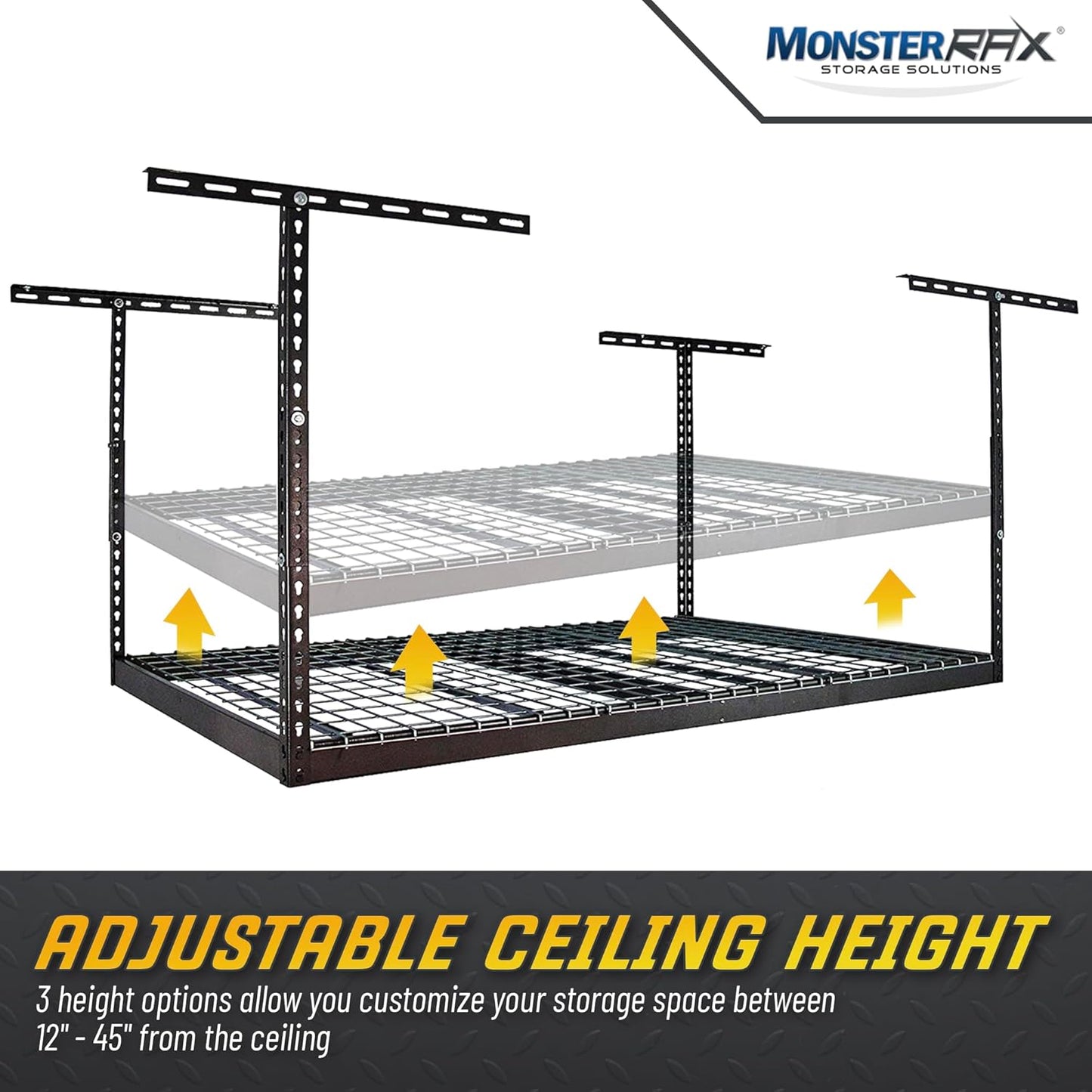 MonsterRax Overhead Garage Storage Racks 4x6, Ceiling Mounted Shelving, Adjustable Hanging Storage Organizer, Heavy Duty Steel, Holds 500 Pounds, Color: Hammertone, Adjusts 12"-21” off Ceiling