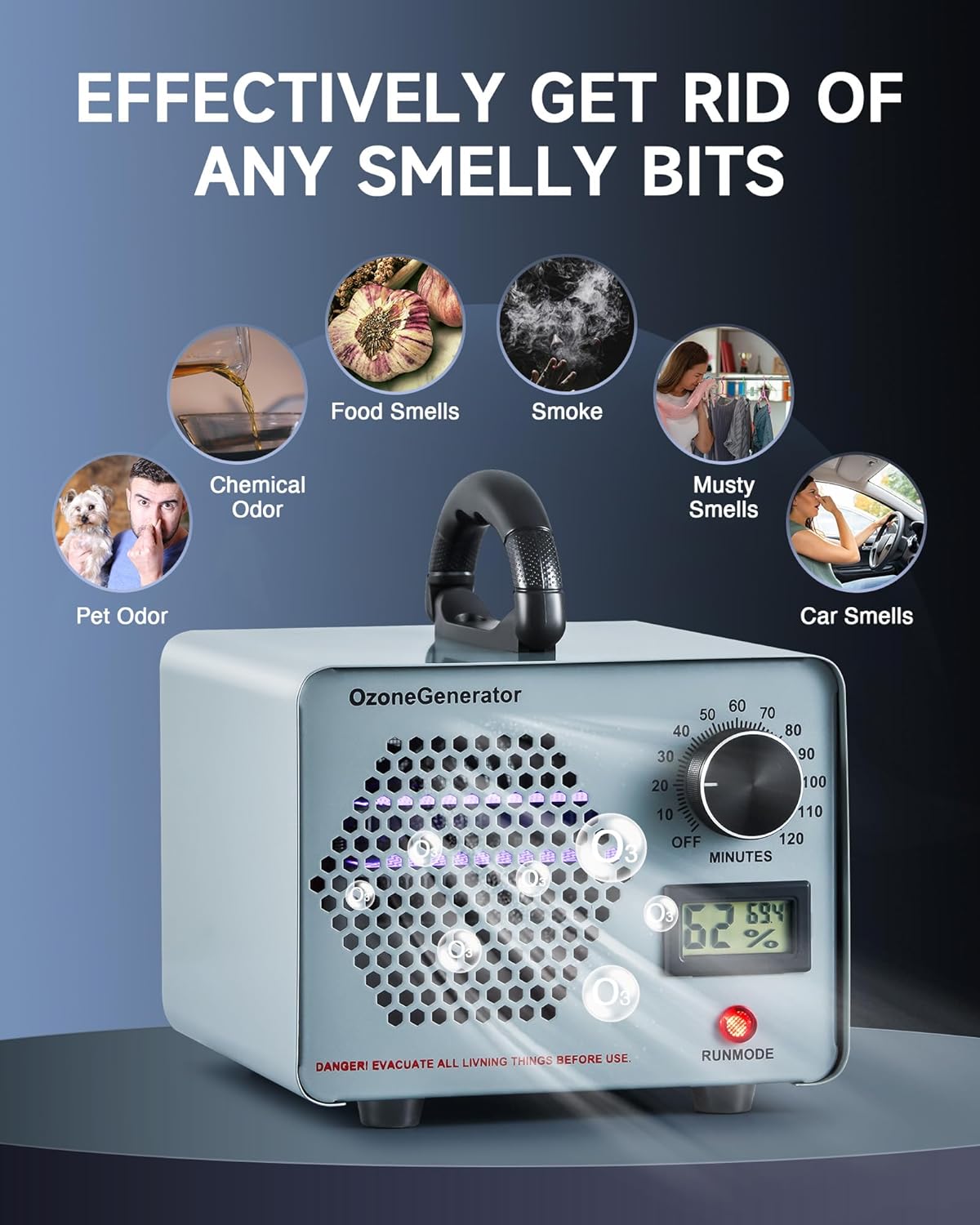 CREWORKS Ozone Odor Machine, Commercial Ozone Generator Air Purifier with Timer Display, 38000 mg/h Ozone Machine for Car Home Smoke Pet Odor Removal, High Capacity for 3200 sq ft Room, Silver