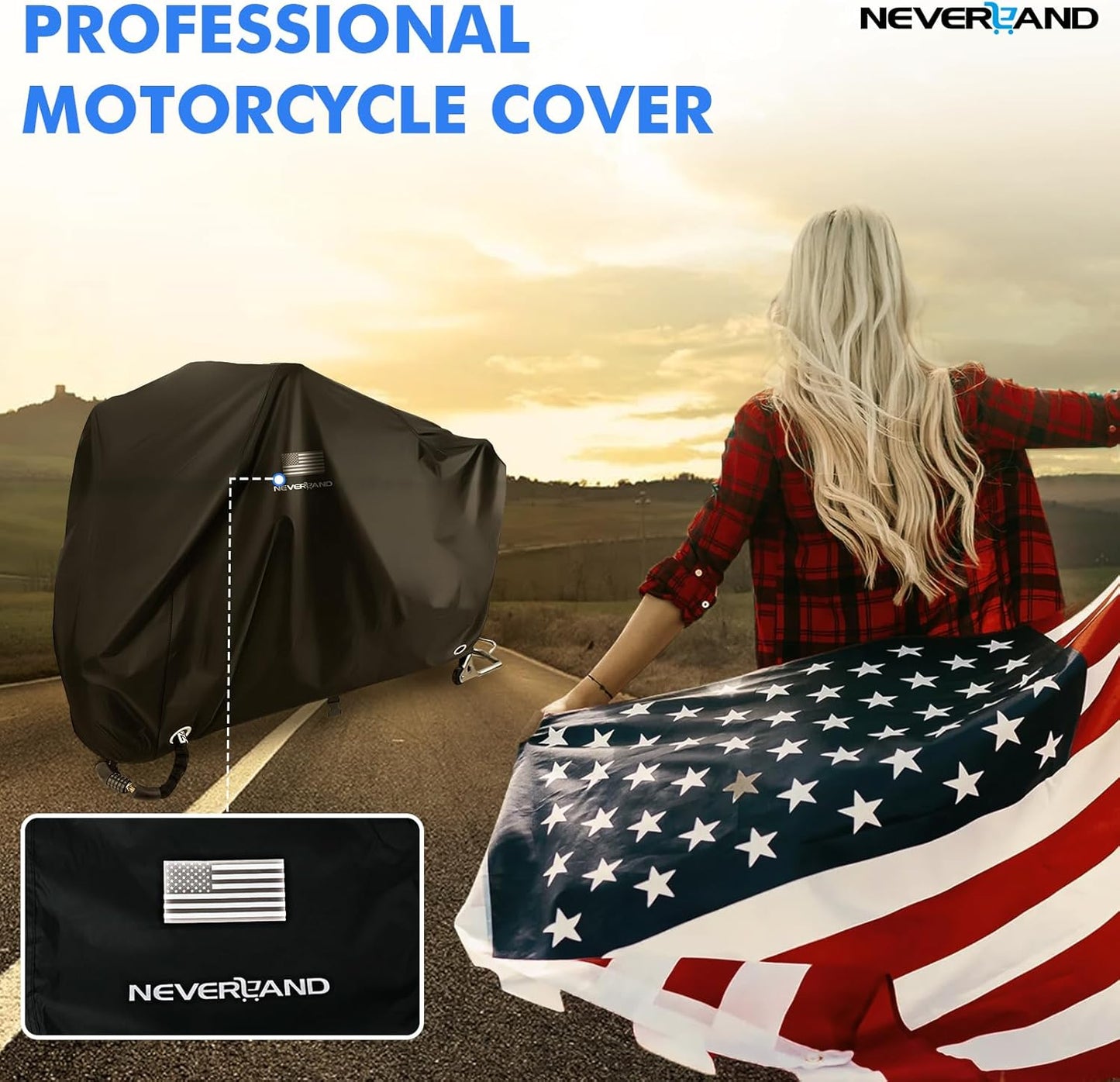 NEVERLAND Motorcycle Cover Waterproof Outdoor - Black Heavy Duty Scooter Cover, Motorbike Cover with Refletive Logo, Lock-Hole, Bandage, Storage Bag-Protect Against Dust, Debris, Rain (XXXL)