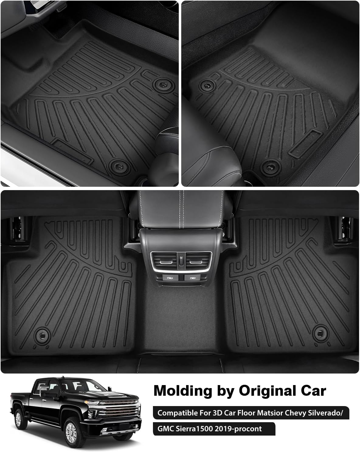 Powerty 3D Floor Mats for 2019-2025 Chevrolet Silverado 1500 & GMC Sierra 1500 - with Rear Underseat Storage Box Accessories