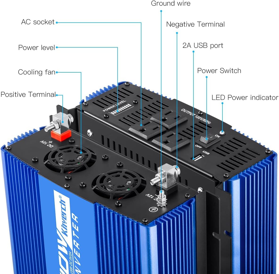 2000W Continuous/ 4000W Peak Power Inverter 3 AC Outlets 12V to 110V Car Converter with USB Port