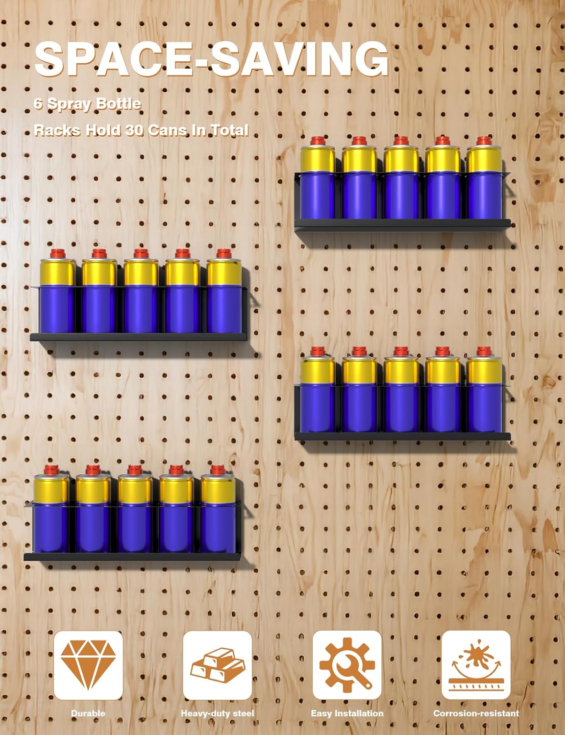 4 Pack Spray Can Holder Organizer, Wall-Mounted Steel Spray Bottle Rack, Tool Box Storage Rack, 5 Cans Metal Paint Can Organizer for Garage, Workspace, Shop, Home or Tool Trailer, Black