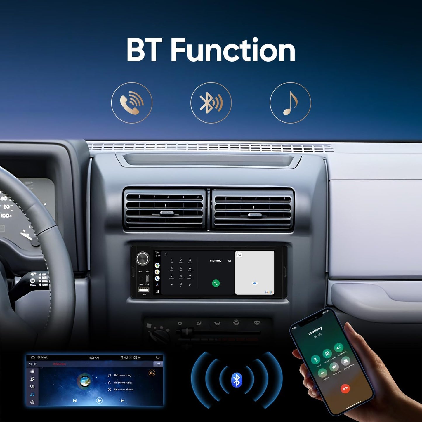 6.36" Single DIN Car Stereo - Wireless CarPlay & Android Auto | Linux System HD IPS Touchscreen Radio | Bluetooth 5.0 | USB-C/USB/FM/AM | EQ Controls | Microphone Included