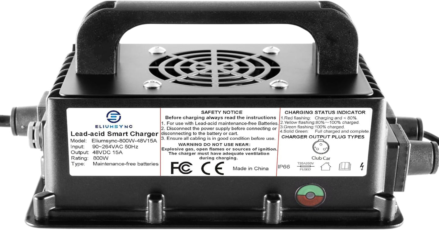 800W Lead Acid Battery Charger 48 Volt 15 AMP 3-Pin Original Gray One-Piece Plug Club Car DS&Precedent Golf Carts