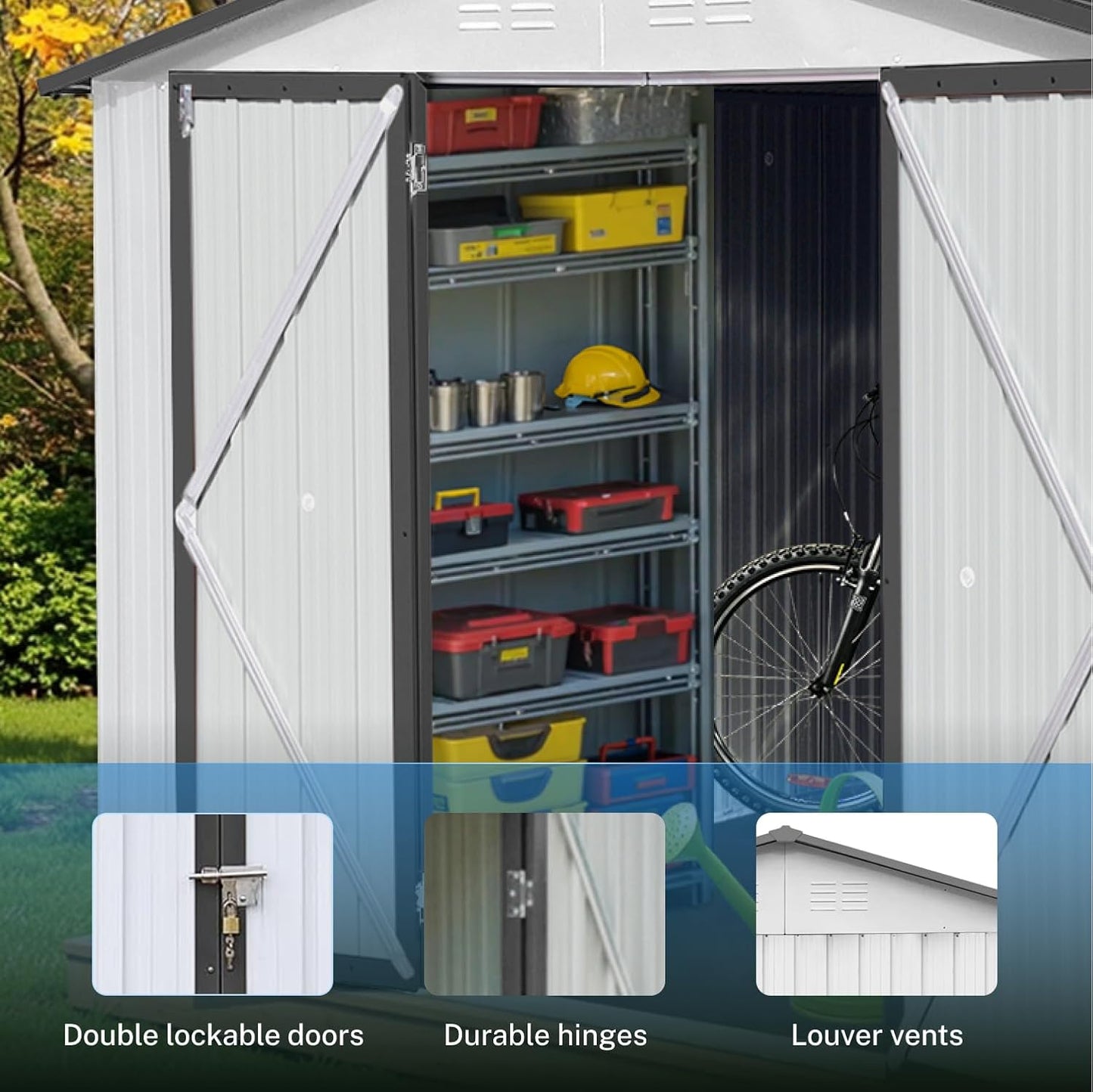 10 x 12 FT Outdoor Storage Metal Shed, Garden Bike Shed with Slooping Roof, Lockable Doors and Windows, All-Weather Tool Shed Easy to Assemble for Backyard, Patio, Lawn, White