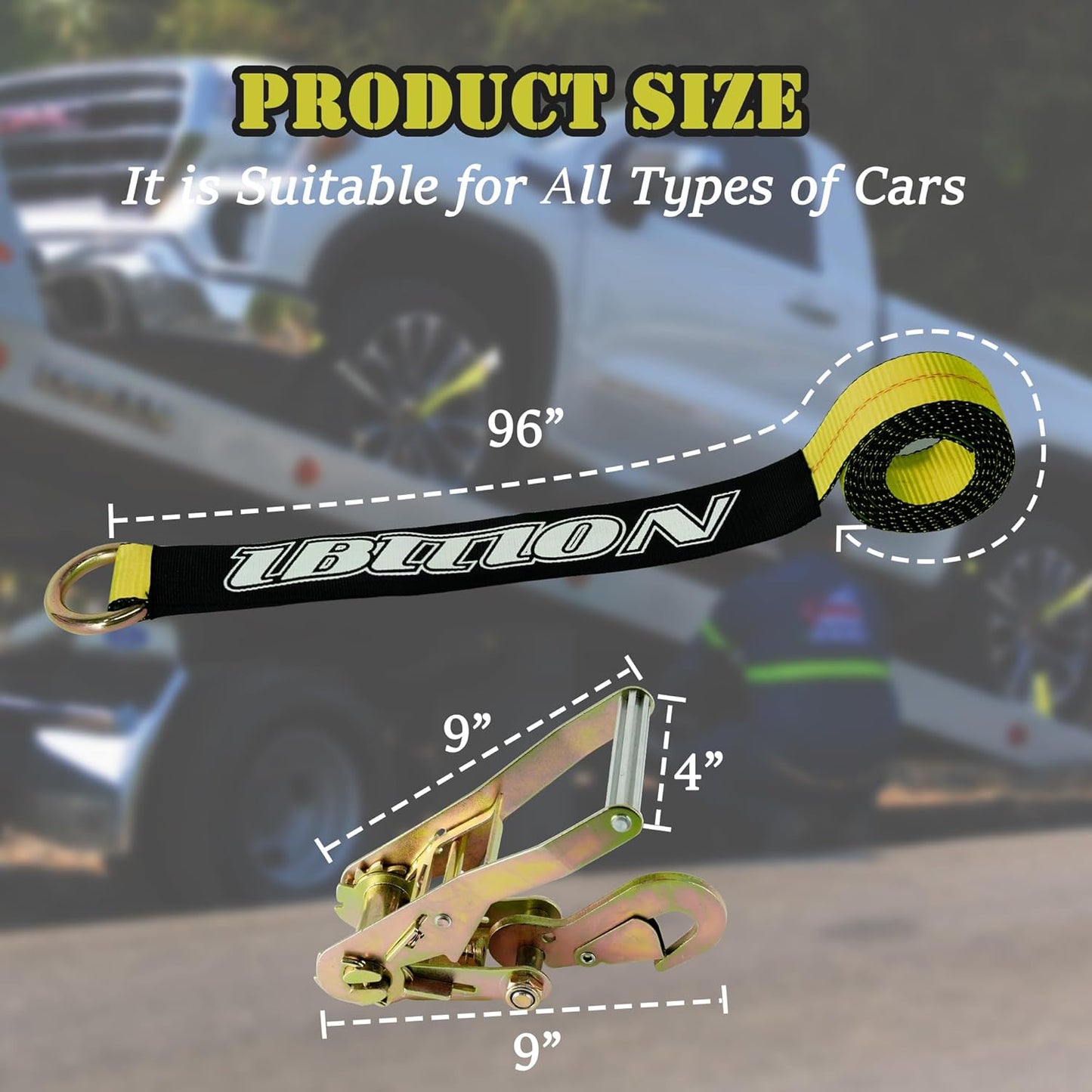 4 Pack Car Tie Down Straps for Trailers - 2" x 96" - 3,300 lbs Safe Working Load -Adjustable Wheel Straps for Hauling Cars.Yellow