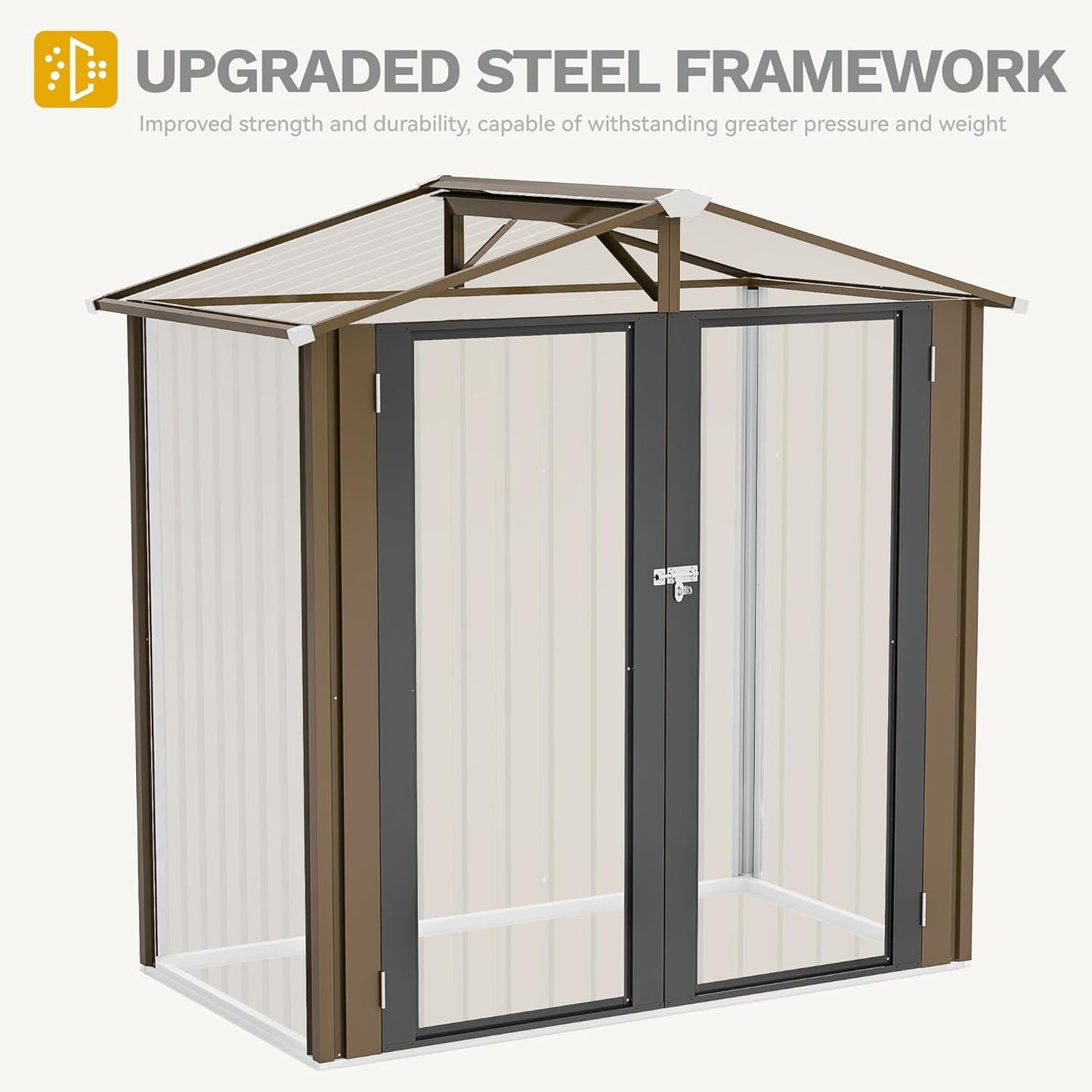 DWVO 6x4ft Storage Shed for Outdoors, Metal Sturdy Weatherproof Tool Locker with Secure Door and Ventilation for Equipment, Mowers, Bikes, Outdoor Spaces, Brown