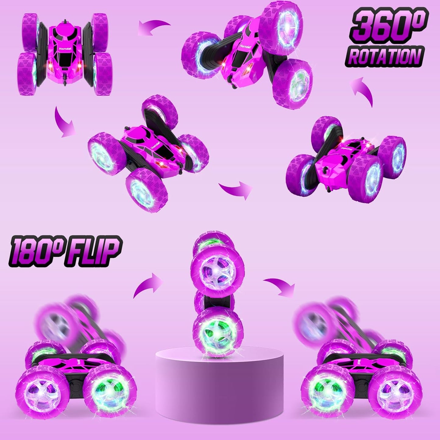 Remote Control Car for Kids Stunt RC Cars with Cool Wheel Lights Double-Sided Driving 360-degree Rotation Boys Toys for Ages 6 7 8 9 10-12 Kids Gift Ideal(Purple)